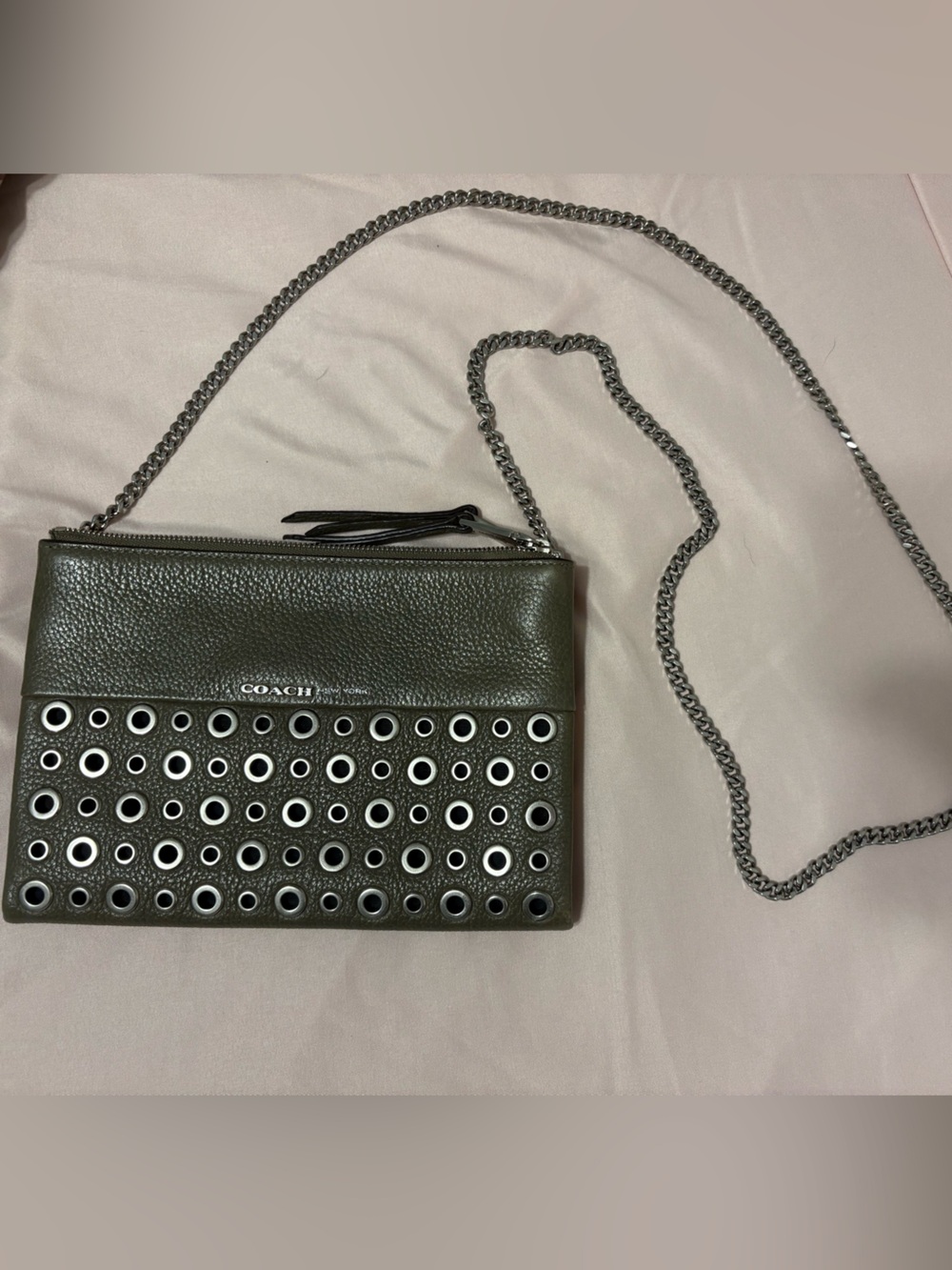 Coach Olive Green Leather Grommet Crossbody with Chain Strap